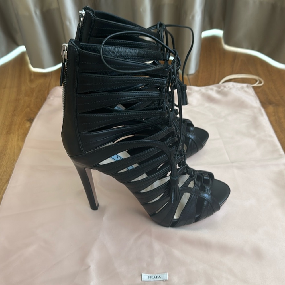 Prada Black Lace-Up Peep Toe Boots bootie